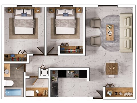 Floor plan for 2 beds, 1 bath, 690 sqft